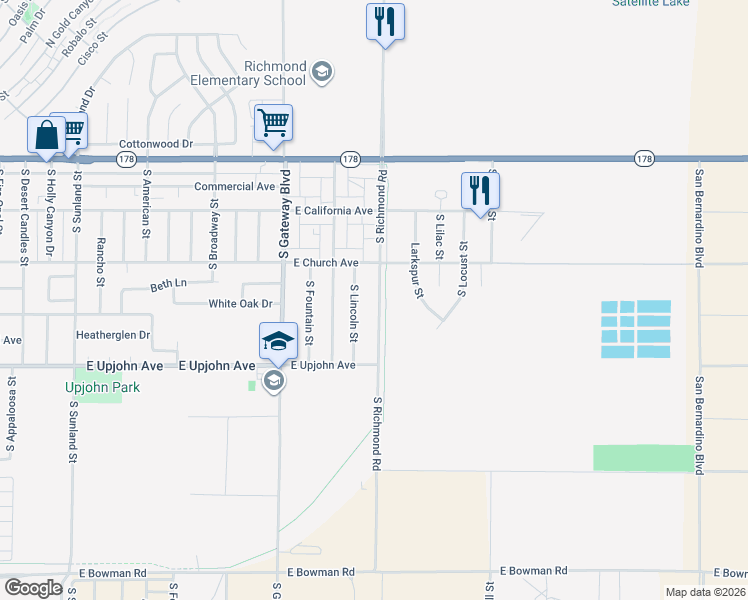 map of restaurants, bars, coffee shops, grocery stores, and more near 329 South Richmond Road in Ridgecrest