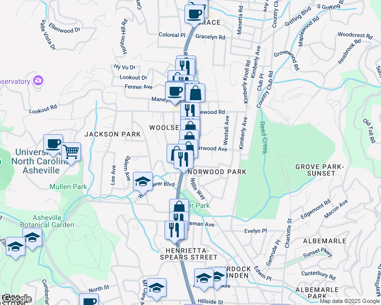 map of restaurants, bars, coffee shops, grocery stores, and more near 545 Merrimon Ave in Asheville