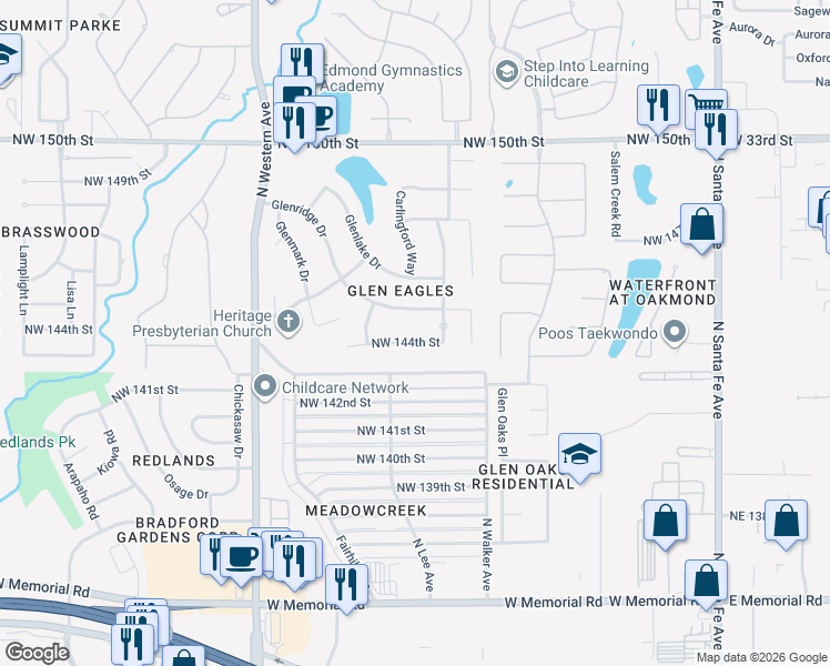 map of restaurants, bars, coffee shops, grocery stores, and more near 609 Northwest 144th Street in Edmond