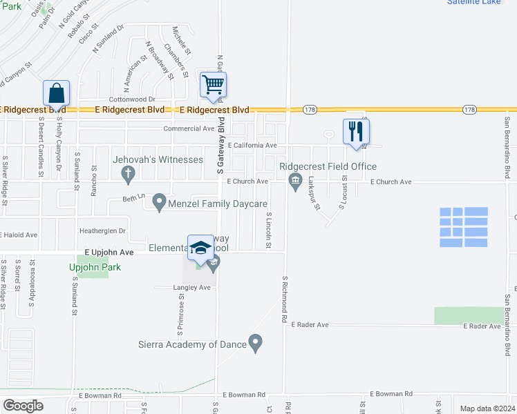 map of restaurants, bars, coffee shops, grocery stores, and more near 328 South Valley Street in Ridgecrest