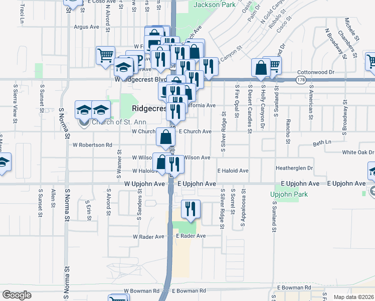 map of restaurants, bars, coffee shops, grocery stores, and more near 329 Lenore Street in Ridgecrest