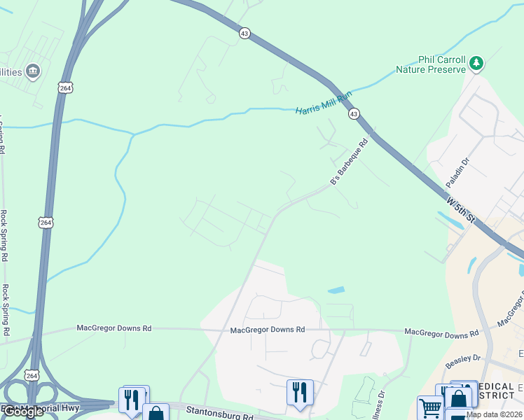 map of restaurants, bars, coffee shops, grocery stores, and more near 1130 Bs Barbecue Road in Greenville