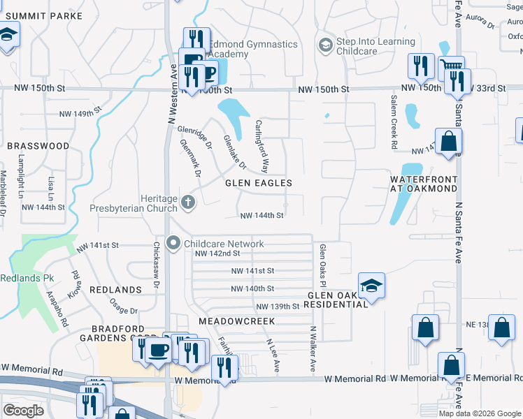 map of restaurants, bars, coffee shops, grocery stores, and more near 609 Northwest 144th Street in Edmond