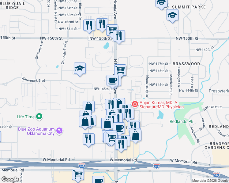 map of restaurants, bars, coffee shops, grocery stores, and more near 14431 North Pennsylvania Avenue in Oklahoma City