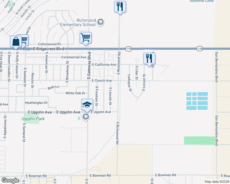 map of restaurants, bars, coffee shops, grocery stores, and more near 329 South Richmond Road in Ridgecrest