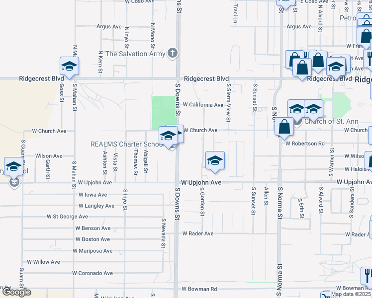 map of restaurants, bars, coffee shops, grocery stores, and more near 340 South Downs Street in Ridgecrest