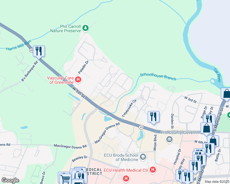 map of restaurants, bars, coffee shops, grocery stores, and more near 2700 West Arlington Boulevard in Greenville