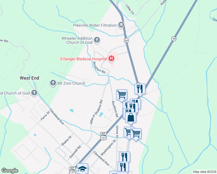 map of restaurants, bars, coffee shops, grocery stores, and more near 323 Rockfort Road in Pikeville