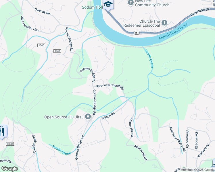 map of restaurants, bars, coffee shops, grocery stores, and more near 712 Riverview Church Road in Asheville