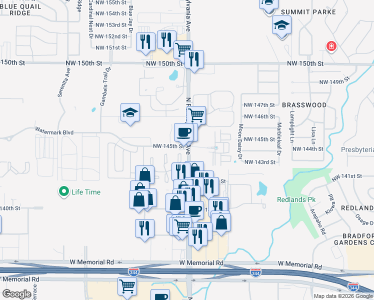 map of restaurants, bars, coffee shops, grocery stores, and more near 14426 North Pennsylvania Avenue in Oklahoma City