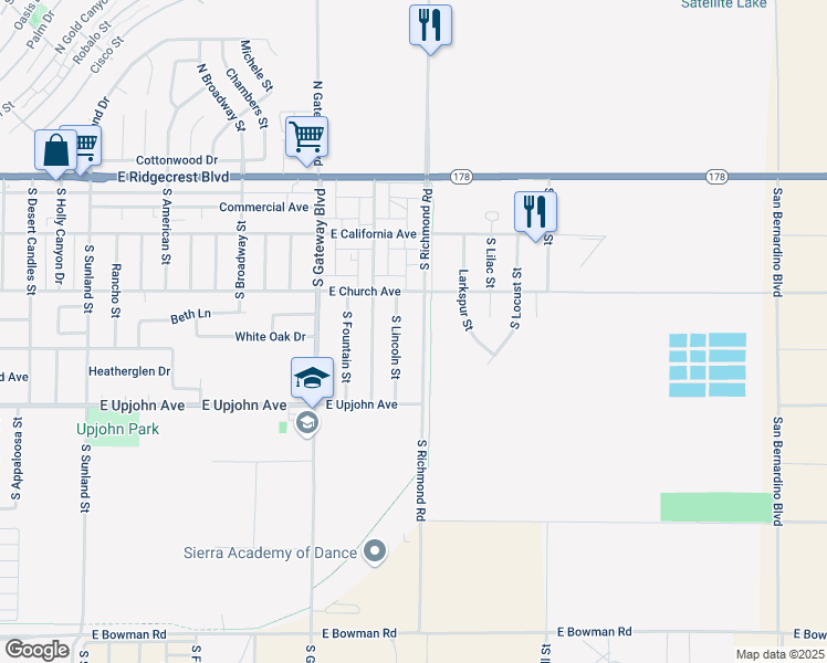 map of restaurants, bars, coffee shops, grocery stores, and more near 329 South Richmond Road in Ridgecrest