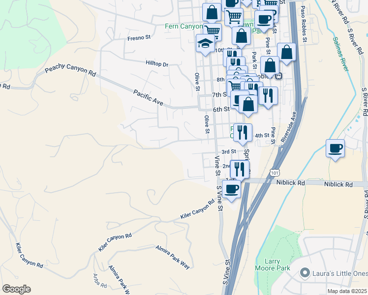 map of restaurants, bars, coffee shops, grocery stores, and more near 318 4th Street in Paso Robles