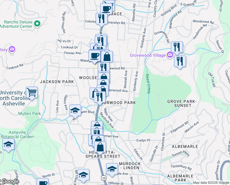 map of restaurants, bars, coffee shops, grocery stores, and more near 3 Garden Terrace in Asheville