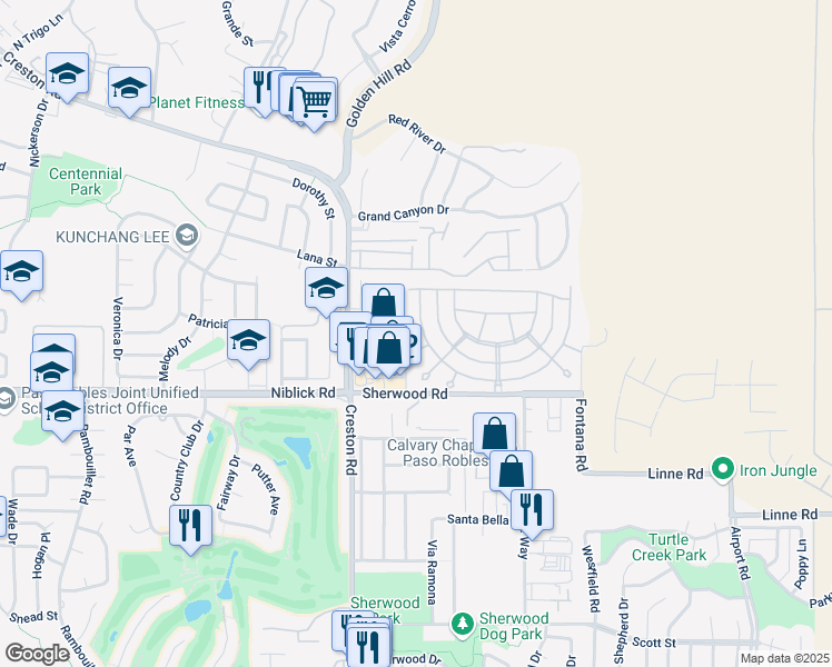 map of restaurants, bars, coffee shops, grocery stores, and more near 5 Robin Court in Paso Robles