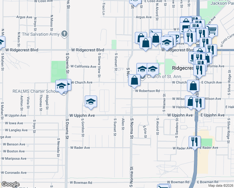 map of restaurants, bars, coffee shops, grocery stores, and more near 362 South Sunset Street in Ridgecrest