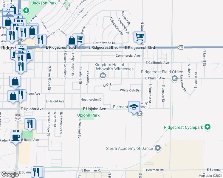 map of restaurants, bars, coffee shops, grocery stores, and more near 322 Reese Street in Ridgecrest