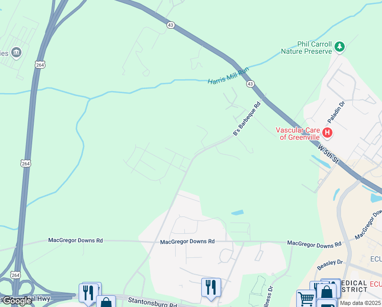 map of restaurants, bars, coffee shops, grocery stores, and more near 1130 Bs Barbecue Rd in Greenville