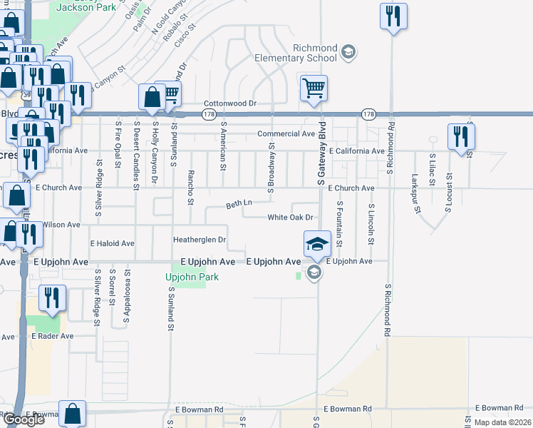 map of restaurants, bars, coffee shops, grocery stores, and more near 708 White Oak Drive in Ridgecrest