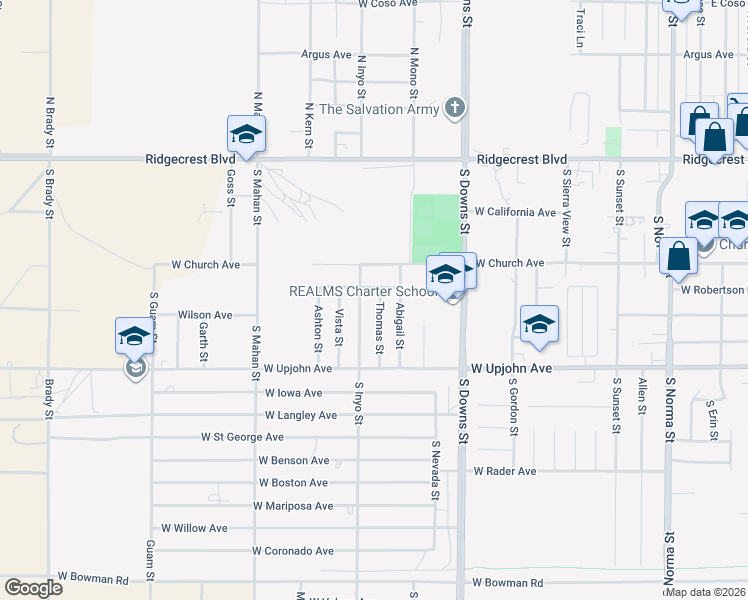 map of restaurants, bars, coffee shops, grocery stores, and more near 321 Thomas Street in Ridgecrest