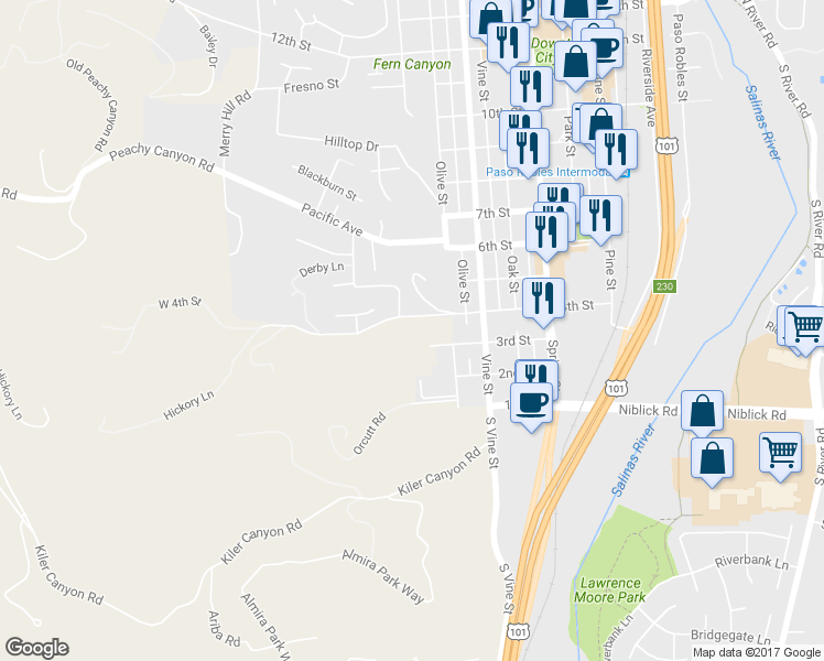 map of restaurants, bars, coffee shops, grocery stores, and more near 318 4th Street in Paso Robles