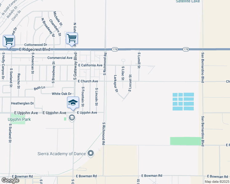 map of restaurants, bars, coffee shops, grocery stores, and more near 325 Larkspur Street in Ridgecrest