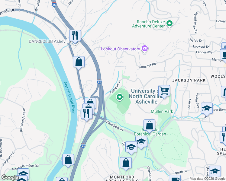 map of restaurants, bars, coffee shops, grocery stores, and more near Campus Drive in Asheville
