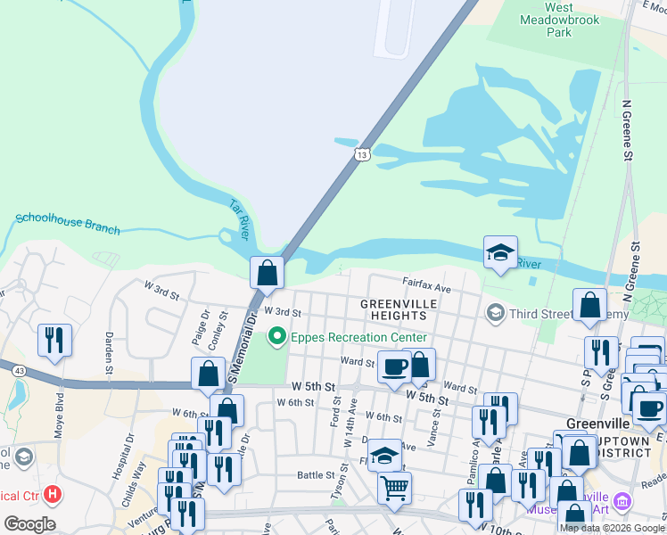 map of restaurants, bars, coffee shops, grocery stores, and more near 1310 Fairfax Avenue in Greenville