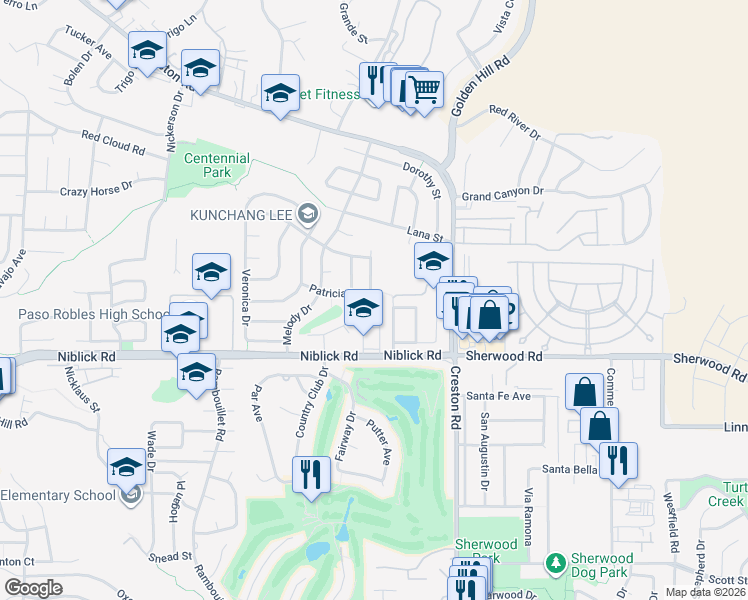 map of restaurants, bars, coffee shops, grocery stores, and more near 1160 Patricia Lane in Paso Robles