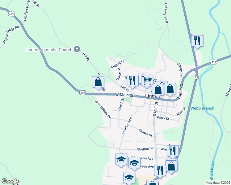 map of restaurants, bars, coffee shops, grocery stores, and more near 227 Tennessee 20 in Linden