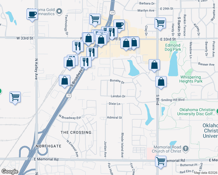 map of restaurants, bars, coffee shops, grocery stores, and more near 3901 Wickersham Drive in Edmond