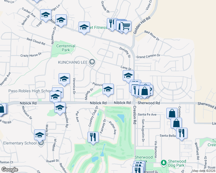 map of restaurants, bars, coffee shops, grocery stores, and more near 1160 Patricia Lane in Paso Robles