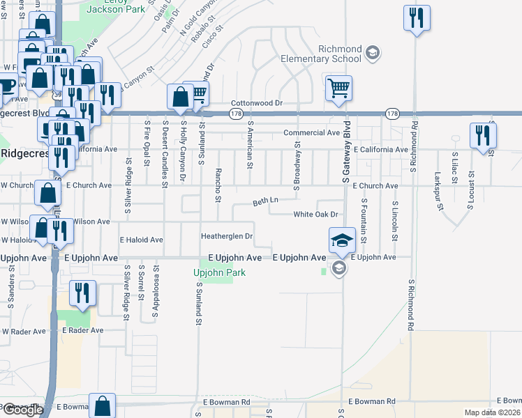 map of restaurants, bars, coffee shops, grocery stores, and more near 327 Reese Street in Ridgecrest