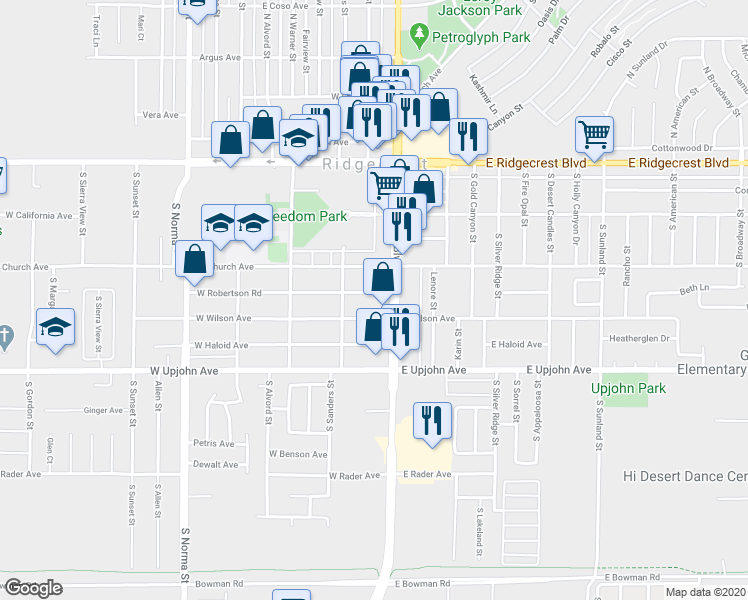 map of restaurants, bars, coffee shops, grocery stores, and more near 345 South China Lake Boulevard in Ridgecrest