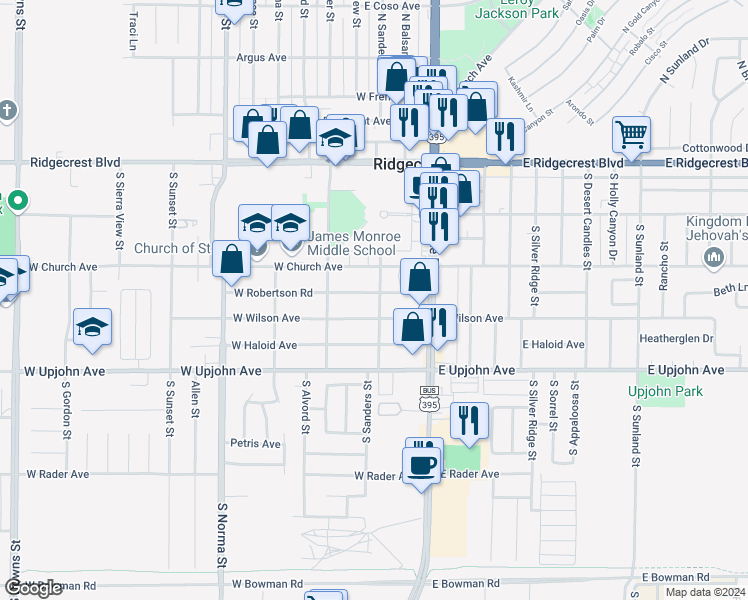 map of restaurants, bars, coffee shops, grocery stores, and more near 140 West Wilson Avenue in Ridgecrest