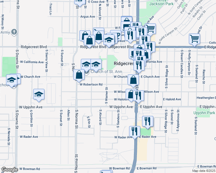 map of restaurants, bars, coffee shops, grocery stores, and more near 308 West Wilson Avenue in Ridgecrest