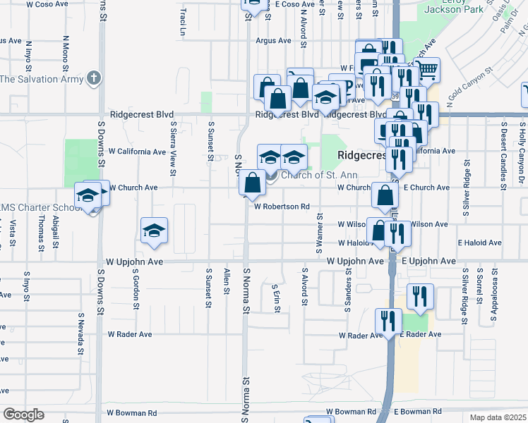 map of restaurants, bars, coffee shops, grocery stores, and more near 424 West Wilson Avenue in Ridgecrest