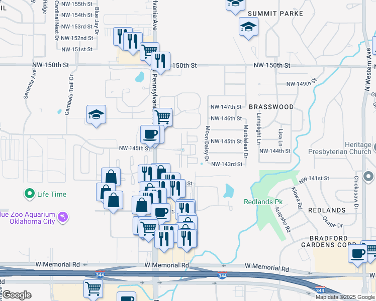 map of restaurants, bars, coffee shops, grocery stores, and more near 14544 North Pennsylvania Avenue in Oklahoma City