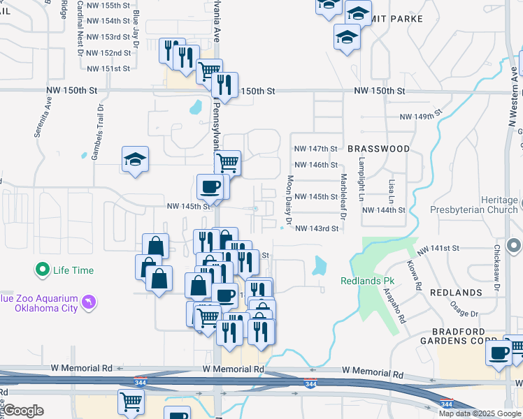map of restaurants, bars, coffee shops, grocery stores, and more near 14544 North Pennsylvania Avenue in Oklahoma City