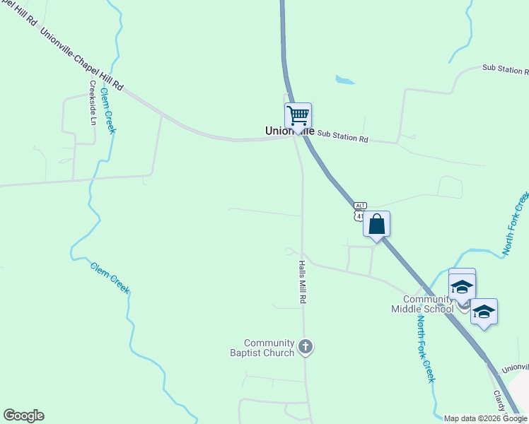 map of restaurants, bars, coffee shops, grocery stores, and more near 115 Pugh Road in Unionville