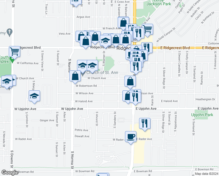 map of restaurants, bars, coffee shops, grocery stores, and more near 225 West Robertson Avenue in Ridgecrest