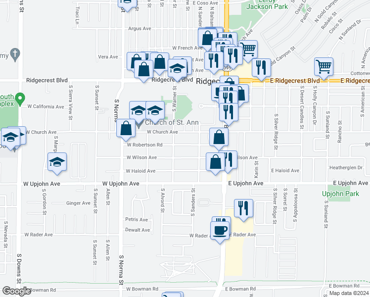 map of restaurants, bars, coffee shops, grocery stores, and more near 225 West Robertson Road in Ridgecrest