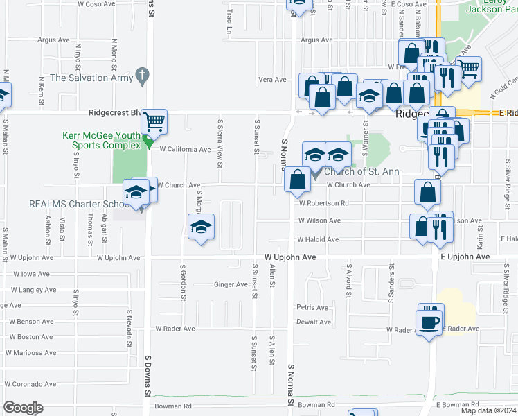 map of restaurants, bars, coffee shops, grocery stores, and more near 360 South Sunset Street in Ridgecrest