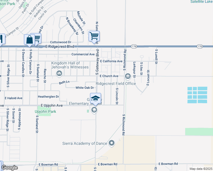 map of restaurants, bars, coffee shops, grocery stores, and more near 324 South Fountain Street in Ridgecrest