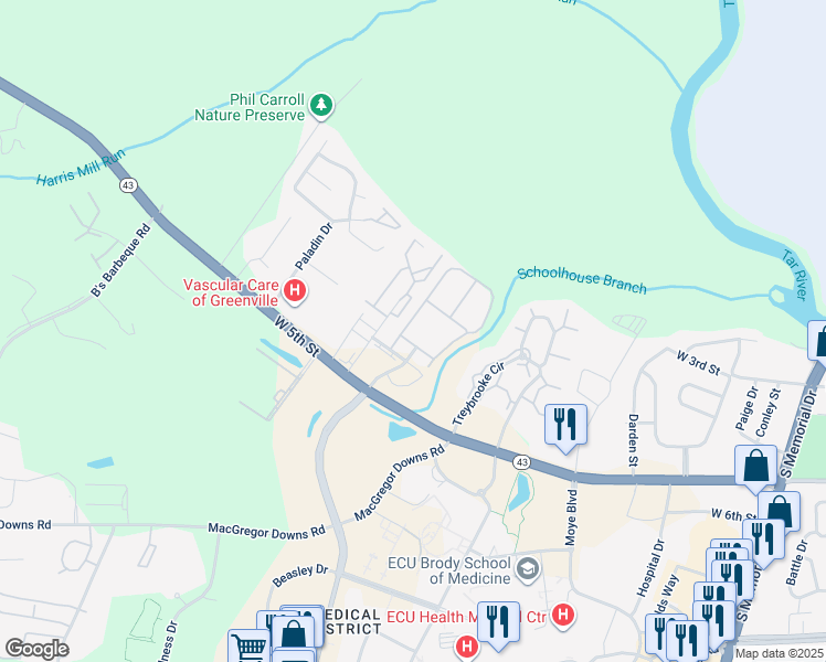 map of restaurants, bars, coffee shops, grocery stores, and more near 2708 West Arlington Boulevard in Greenville