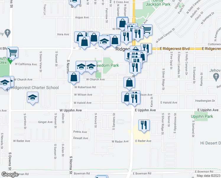 map of restaurants, bars, coffee shops, grocery stores, and more near 219 West Robertson Road in Ridgecrest