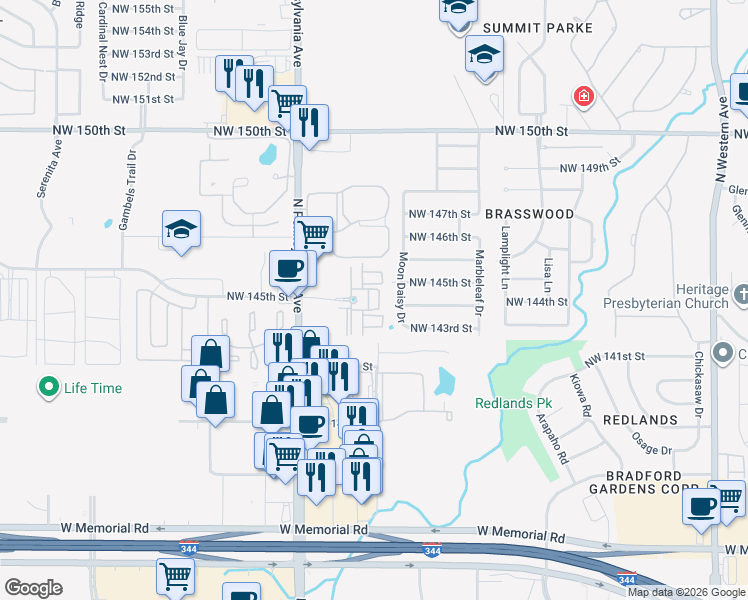 map of restaurants, bars, coffee shops, grocery stores, and more near 14544 North Pennsylvania Avenue in Oklahoma City
