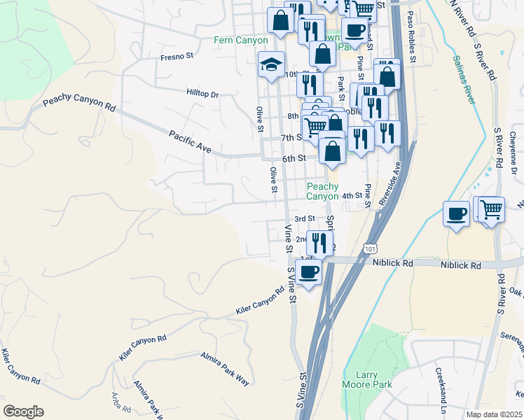 map of restaurants, bars, coffee shops, grocery stores, and more near 328 4th Street in Paso Robles