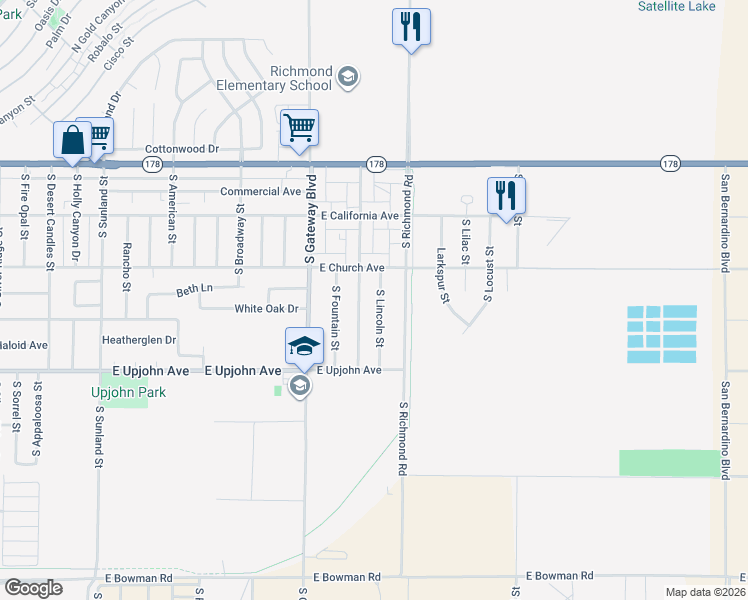 map of restaurants, bars, coffee shops, grocery stores, and more near 325 South Lincoln Street in Ridgecrest