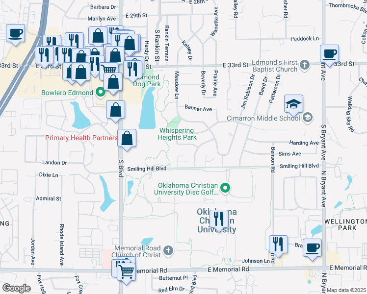 map of restaurants, bars, coffee shops, grocery stores, and more near 3909 Smiling Hill Court in Edmond