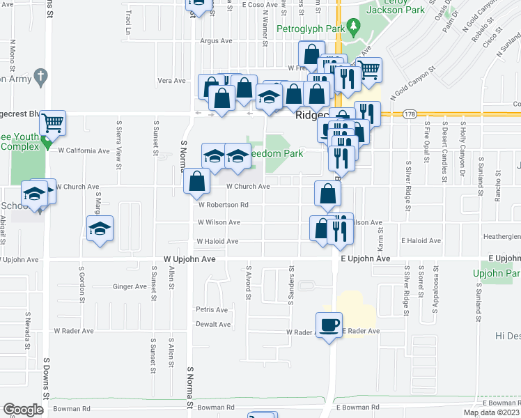 map of restaurants, bars, coffee shops, grocery stores, and more near 301 West Robertson Road in Ridgecrest